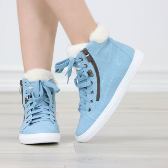 High Tops Womens Fashion Sneakers Shoes Fuzzy Ankle Light Blue - Picture 11 of 13